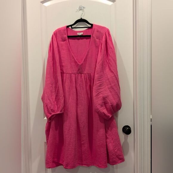 Tribal Jeans Hot Pink Cotton Gauze Dress XXL Plus Size Puff Sleeve Barbiecore - Picture 2 of 8